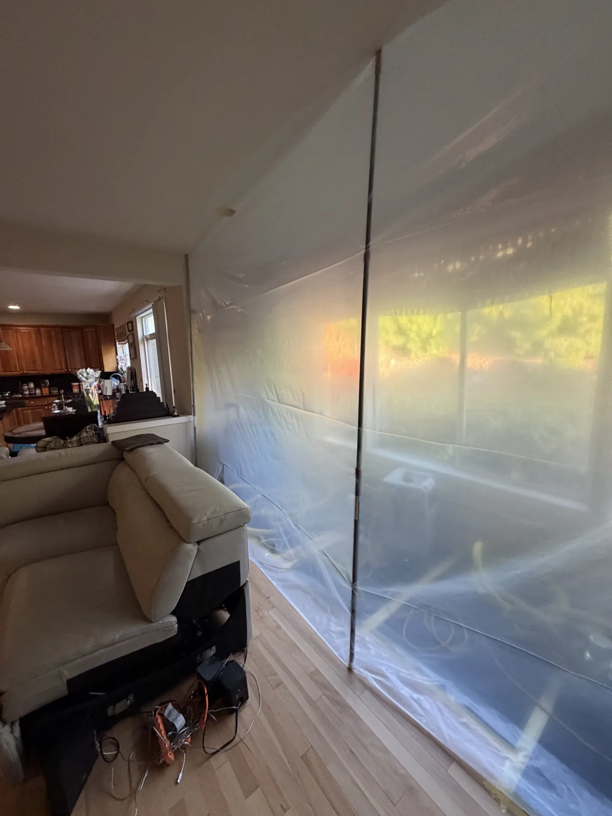 Issaquah: Containment and drying equipment around the affected living room area.