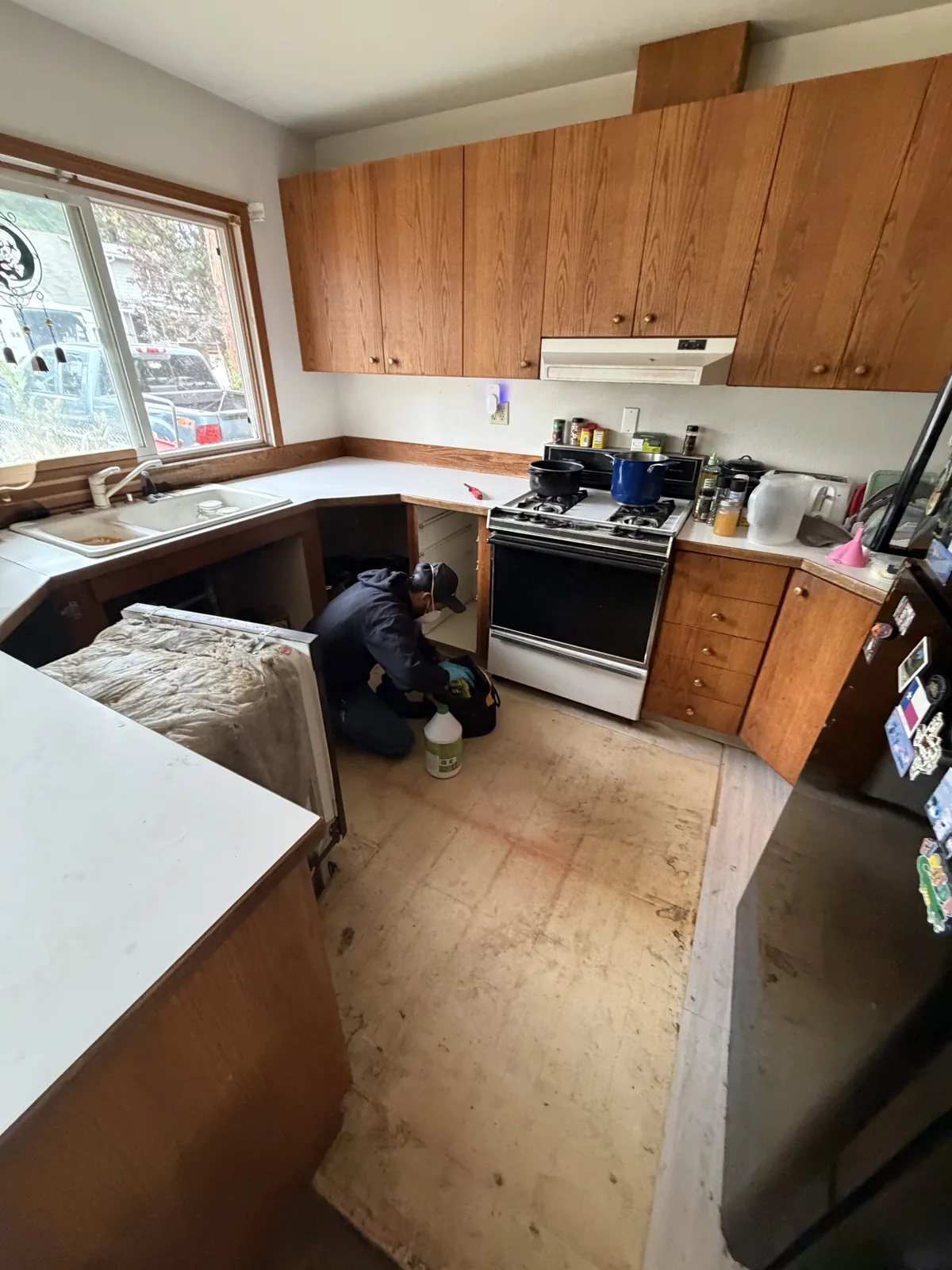 Kent: Affected kitchen cabinets removed to expose the wall assembly for drying.