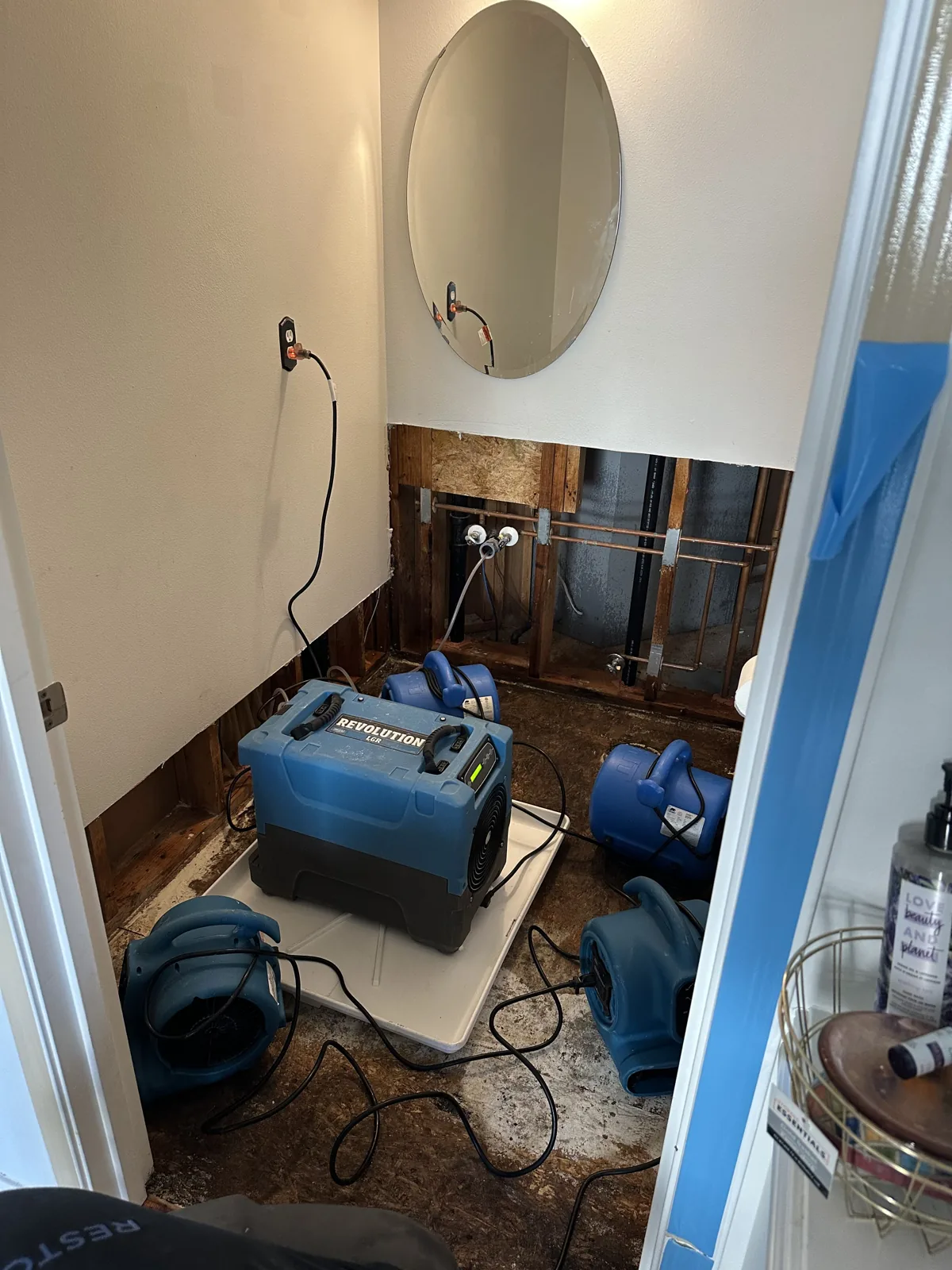 Mountlake Terrace: The lower wall opened with air movers and dehumidification equipment in place.
