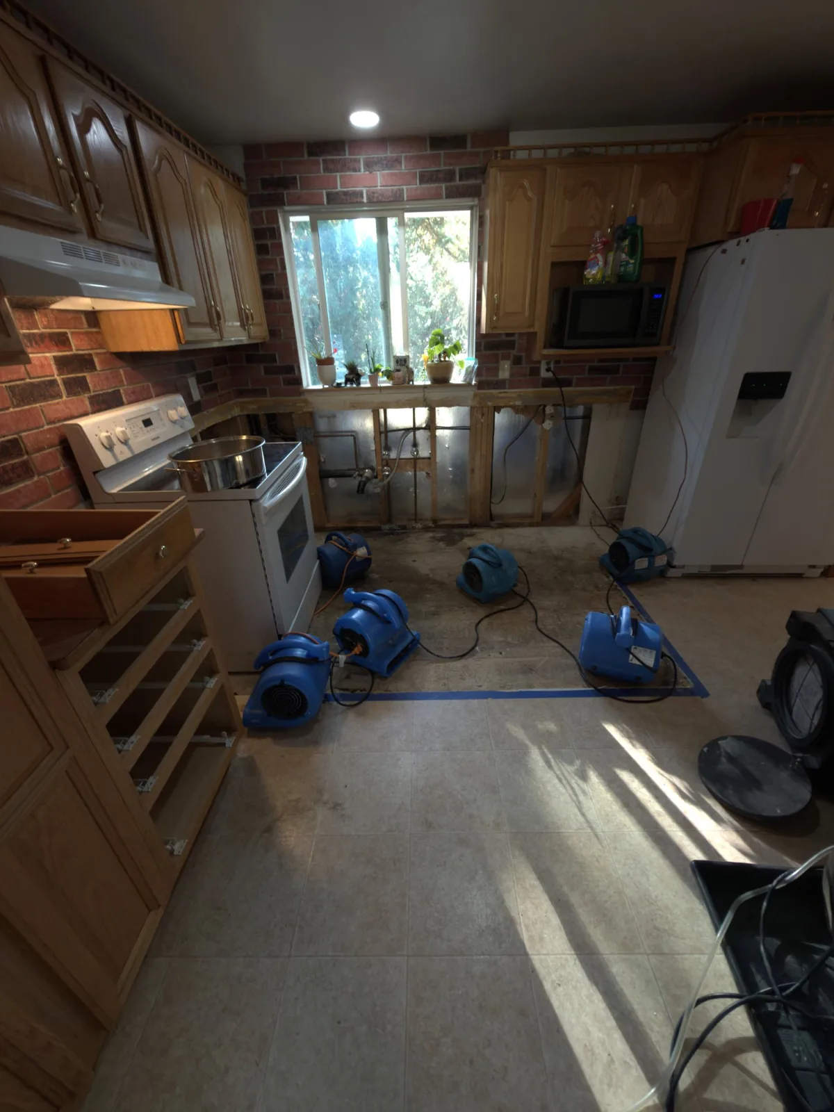 Renton: Air movers directed across the exposed kitchen floor and lower wall area.