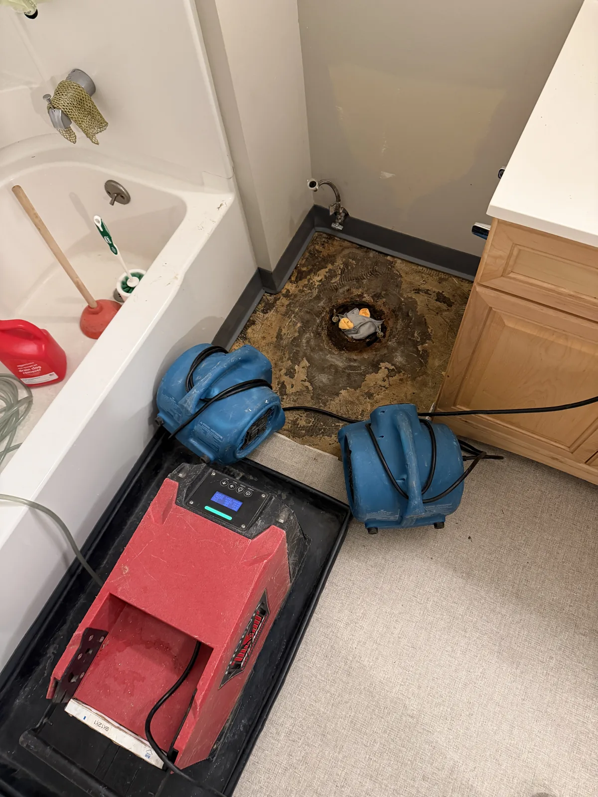 Seattle: The toilet removed and drying equipment treating the affected bathroom floor.
